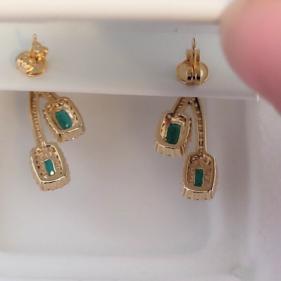 18k Gold Over 925 Silver Emerald & White Sapphire Drop Earrings - Picture 8 of 9